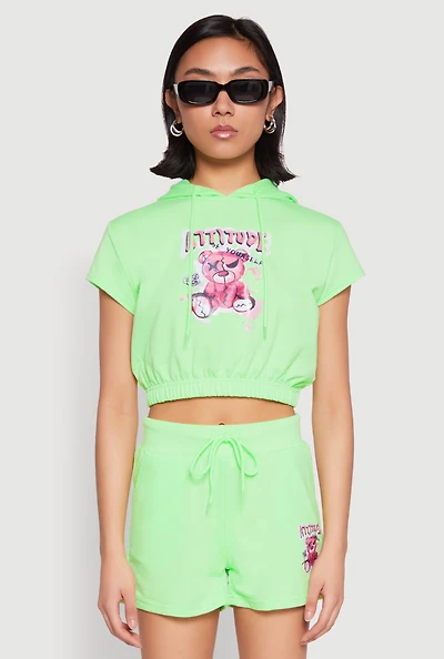 Womens French Terry Bear Graphic Cropped Hoodie, Green, Size L