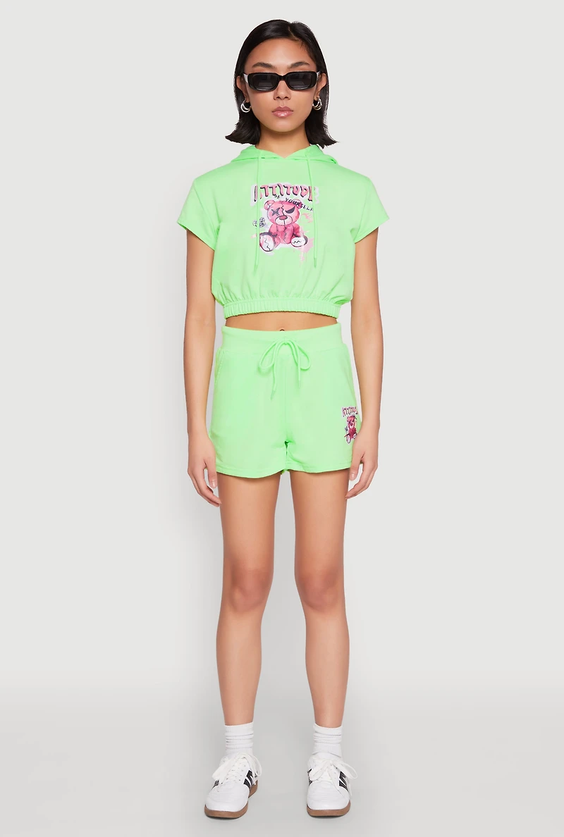 Womens French Terry Bear Graphic Cropped Hoodie, Green, Size L