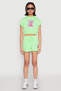 Womens French Terry Bear Graphic Cropped Hoodie, Green, Size L