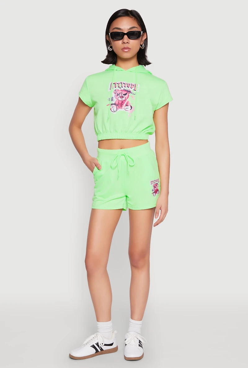 Womens French Terry Bear Graphic Cropped Hoodie, Green, Size L