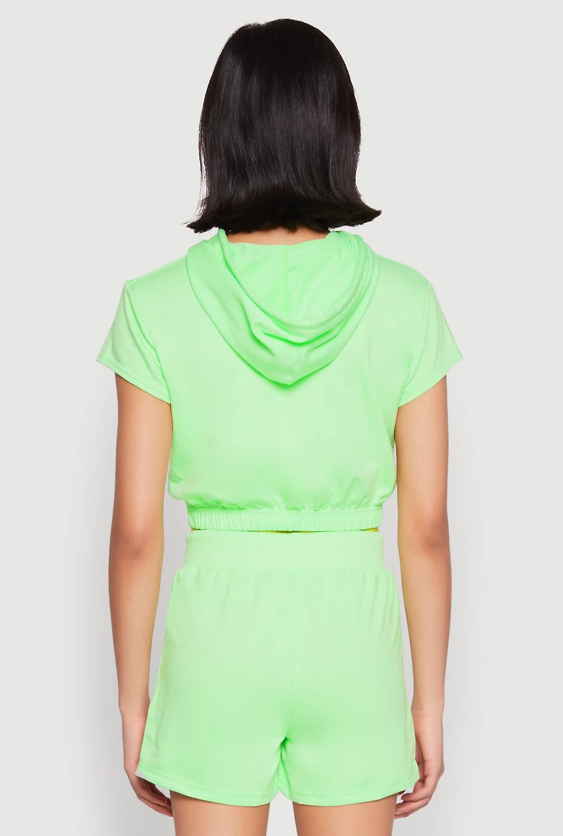 Womens French Terry Bear Graphic Cropped Hoodie, Green, Size L