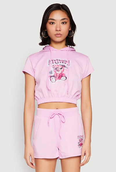 Womens French Terry Bear Graphic Cropped Hoodie, Pink, Size L