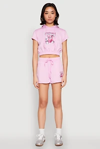 Womens French Terry Bear Graphic Cropped Hoodie, Pink, Size L