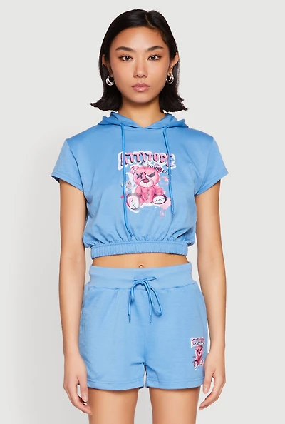 Womens French Terry Bear Graphic Cropped Hoodie, L