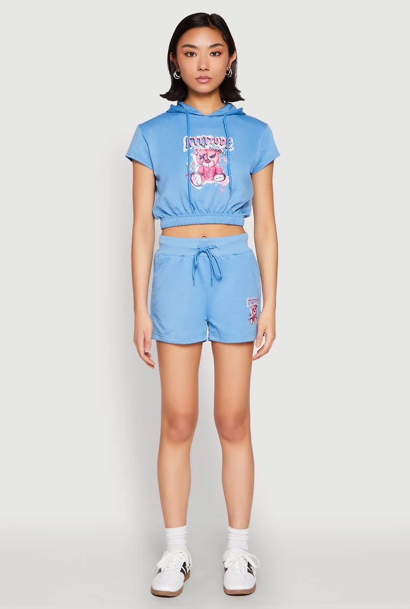 Womens French Terry Bear Graphic Cropped Hoodie, L