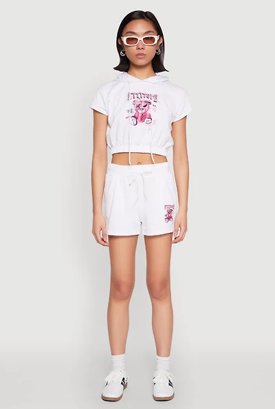 Womens French Terry Bear Graphic Shorts, White, Size M