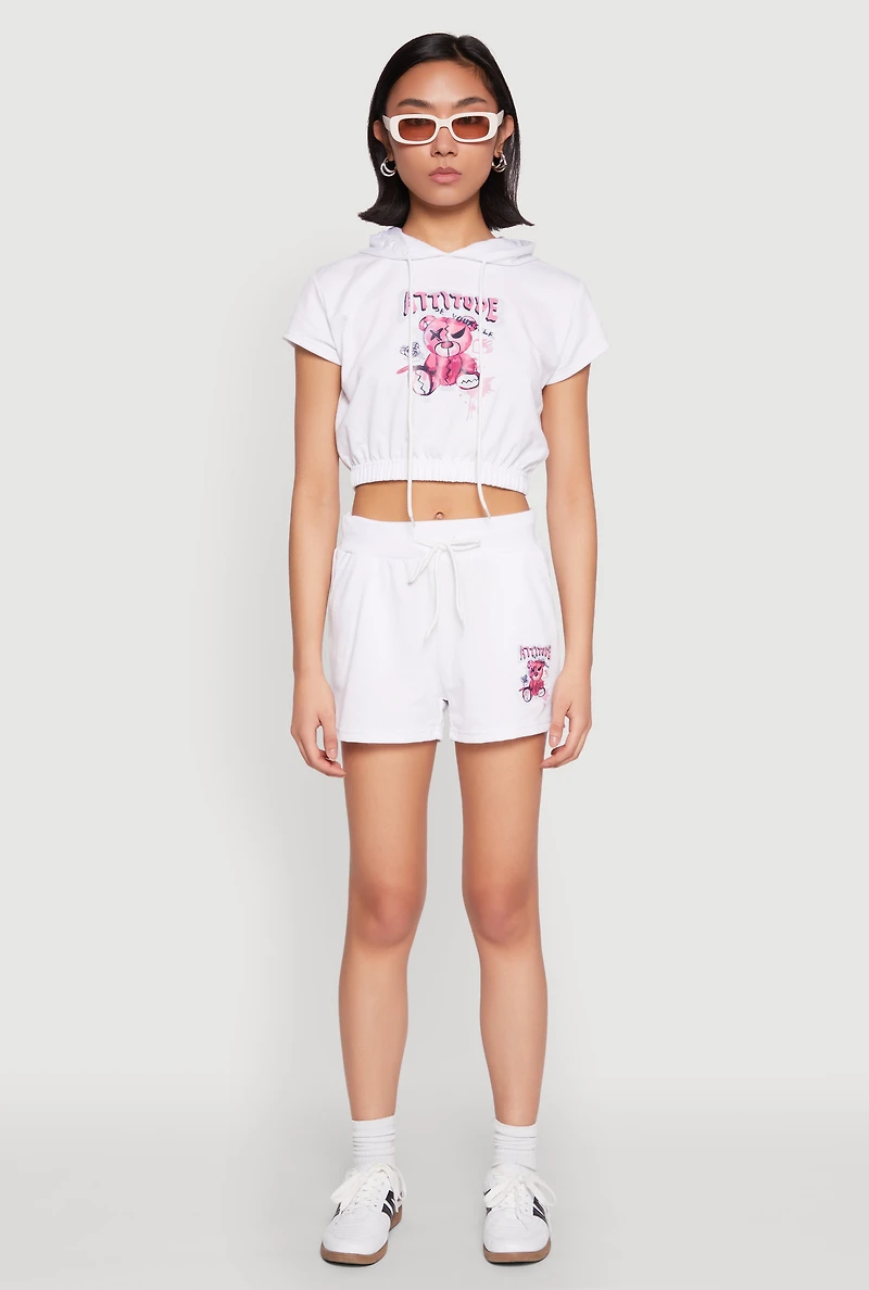 Womens French Terry Bear Graphic Shorts, White, Size L