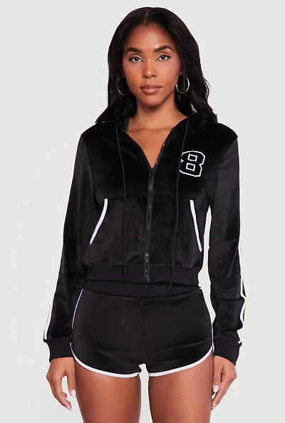 8 Graphic Zip Front Velour Hoodie