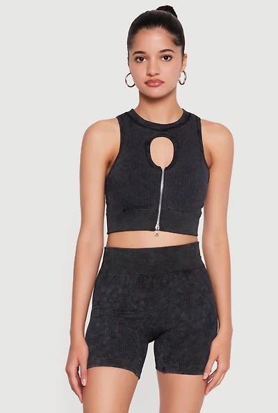 Compression Rib Zip Front Cutout Detail Crop Top
