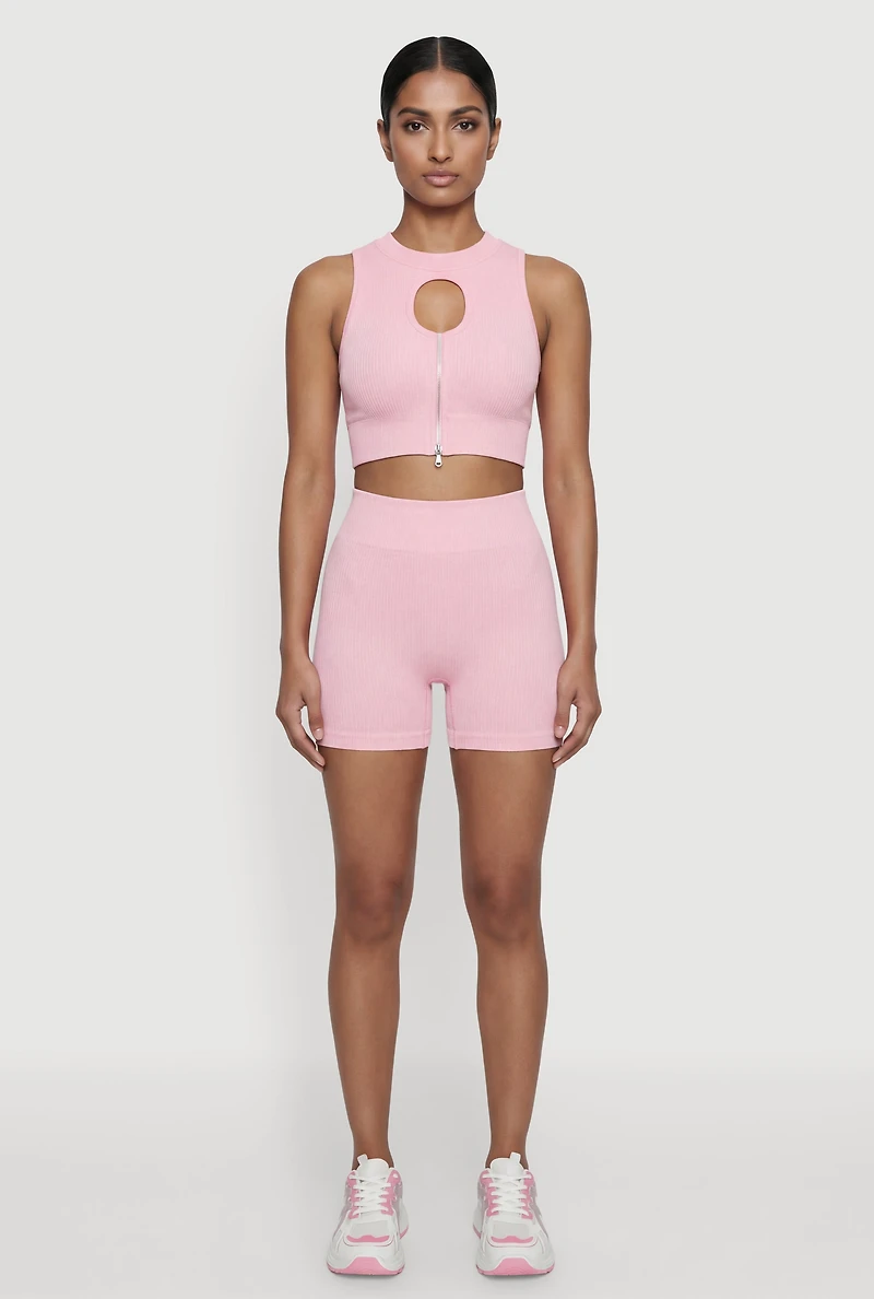Compression Rib Zip Front Cutout Detail Crop Top
