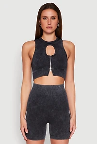 Womens Ribbed Knit Keyhole Tank Top, Grey, Size L