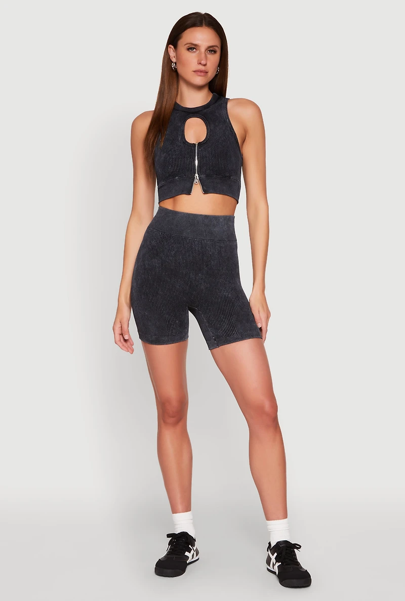 Womens Ribbed Knit Keyhole Tank Top, Grey, Size L