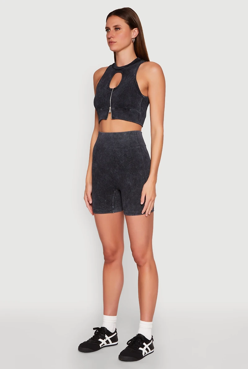 Womens Ribbed Knit Keyhole Tank Top, Grey, Size L