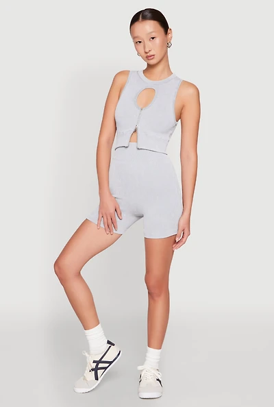 Womens Seamless Ribbed Knit Ruched Biker Shorts, Grey, Size M