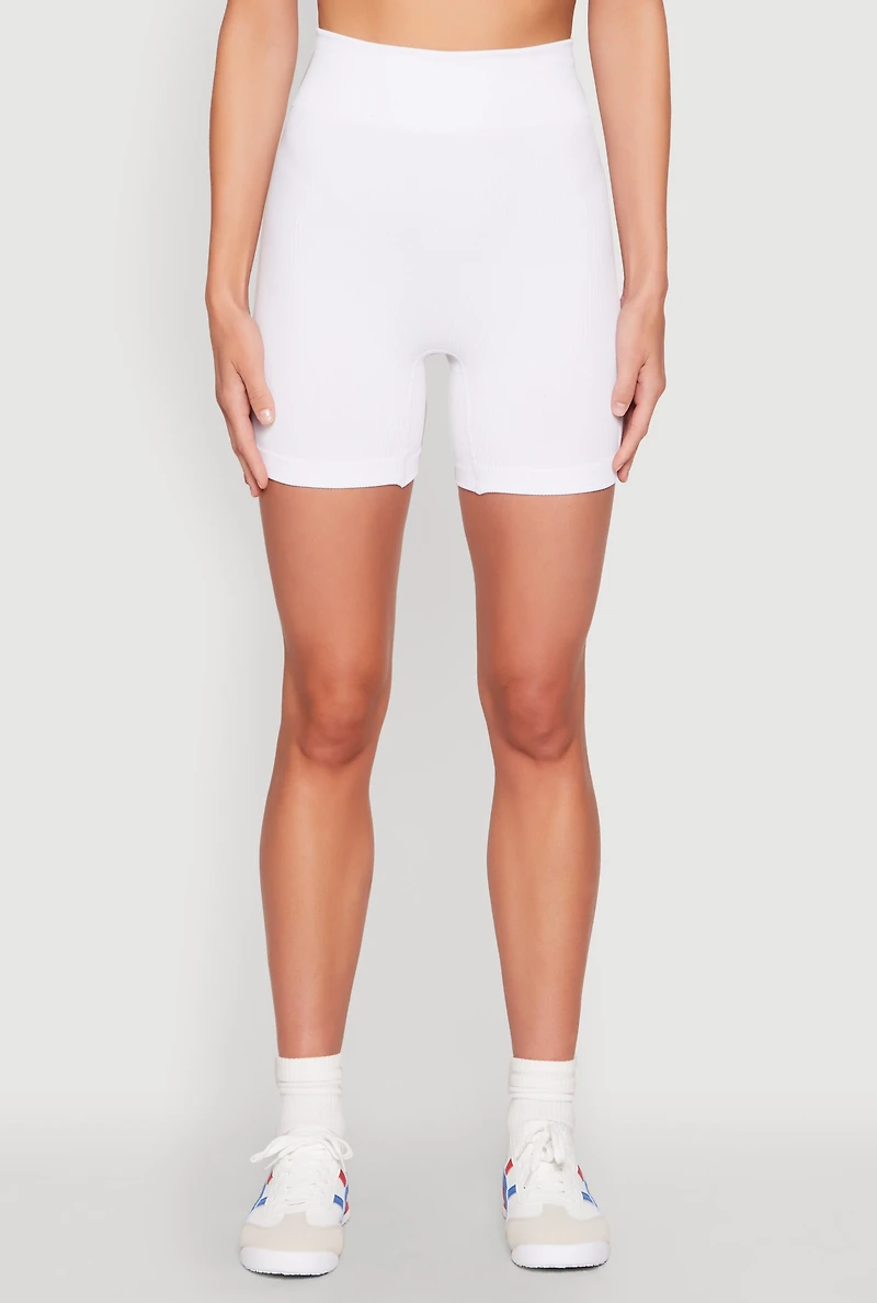 Womens Seamless Ribbed Knit Ruched Biker Shorts, White, Size L