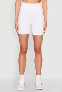 Womens Seamless Ribbed Knit Ruched Biker Shorts, White, Size L