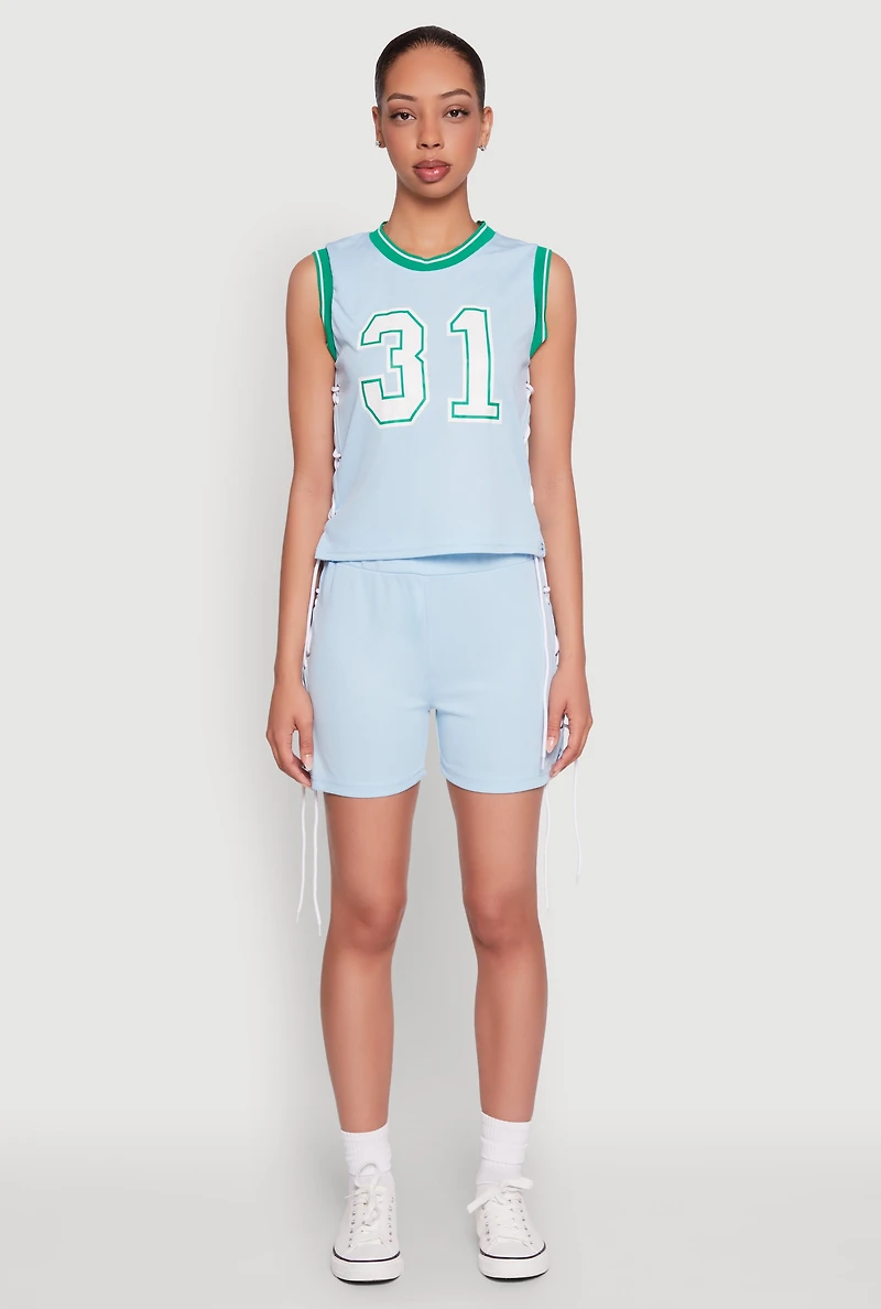 Womens Jersey Mesh Lace Up Side Shorts, Blue, Size M