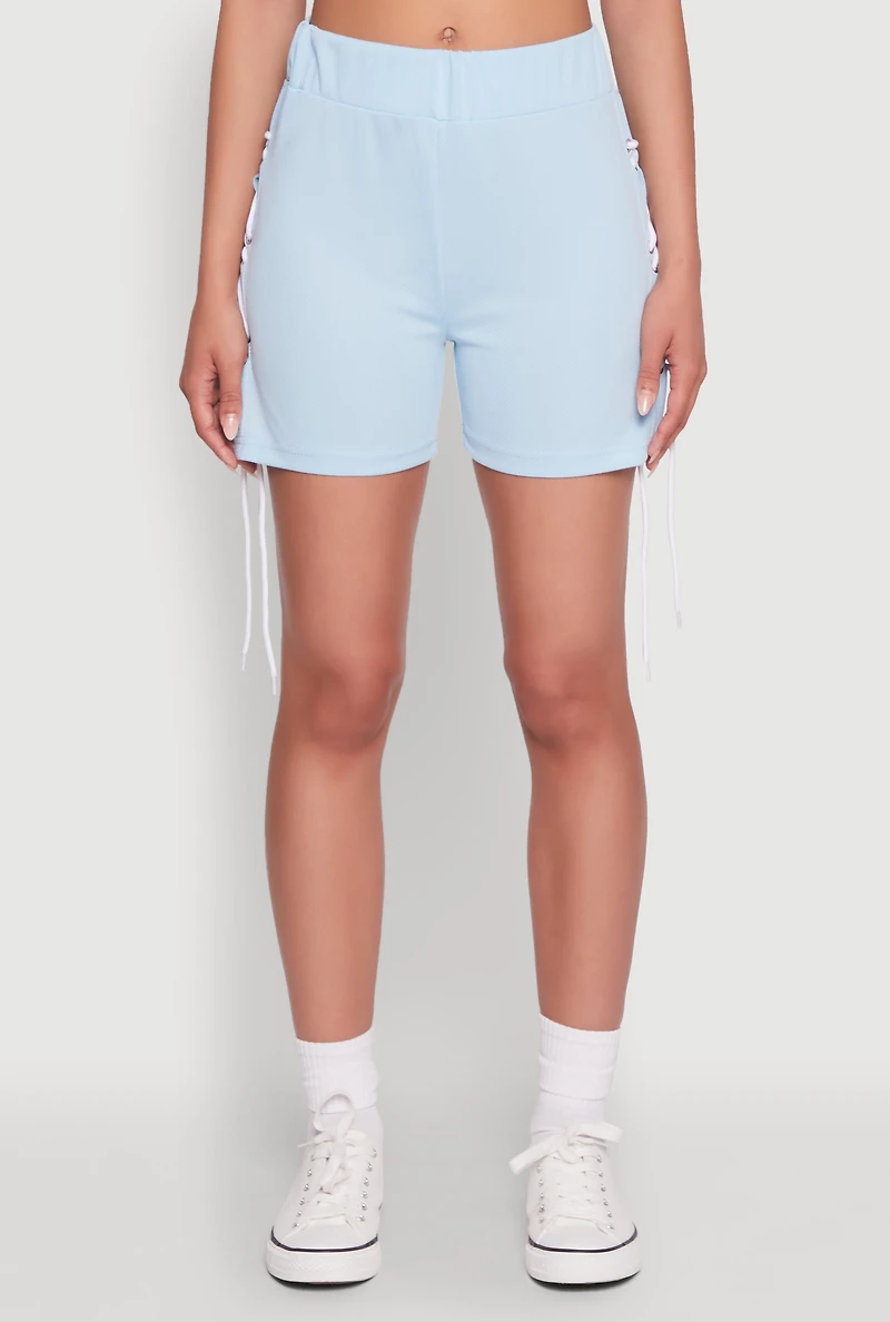 Womens Jersey Mesh Lace Up Side Shorts, Blue, Size M