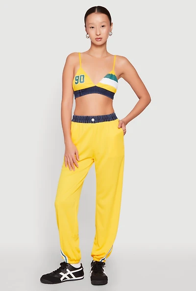 Womens Contrast Trim High Waisted Joggers, Yellow, Size S