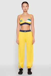Womens Contrast Trim High Waisted Joggers, Yellow, Size S