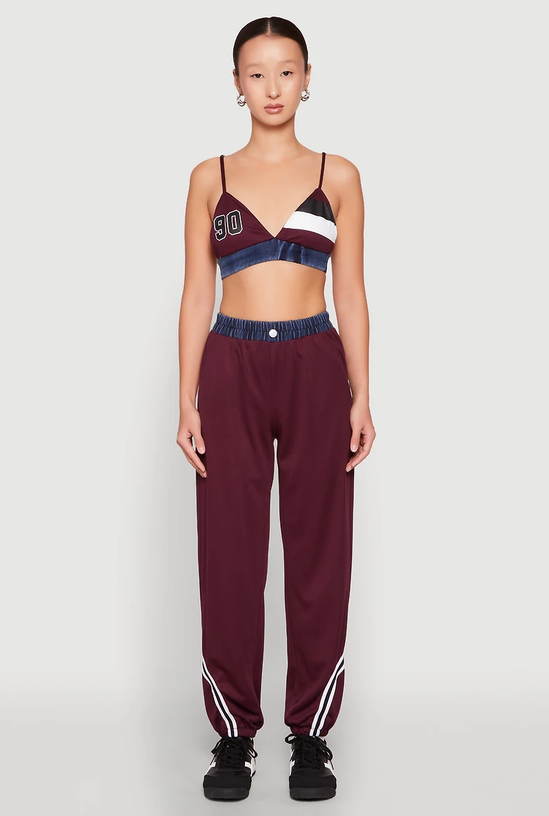 Womens Contrast Trim High Waisted Joggers, Burgundy, Size M
