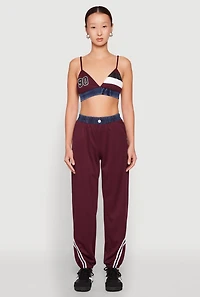 Womens Contrast Trim High Waisted Joggers, Burgundy, Size M