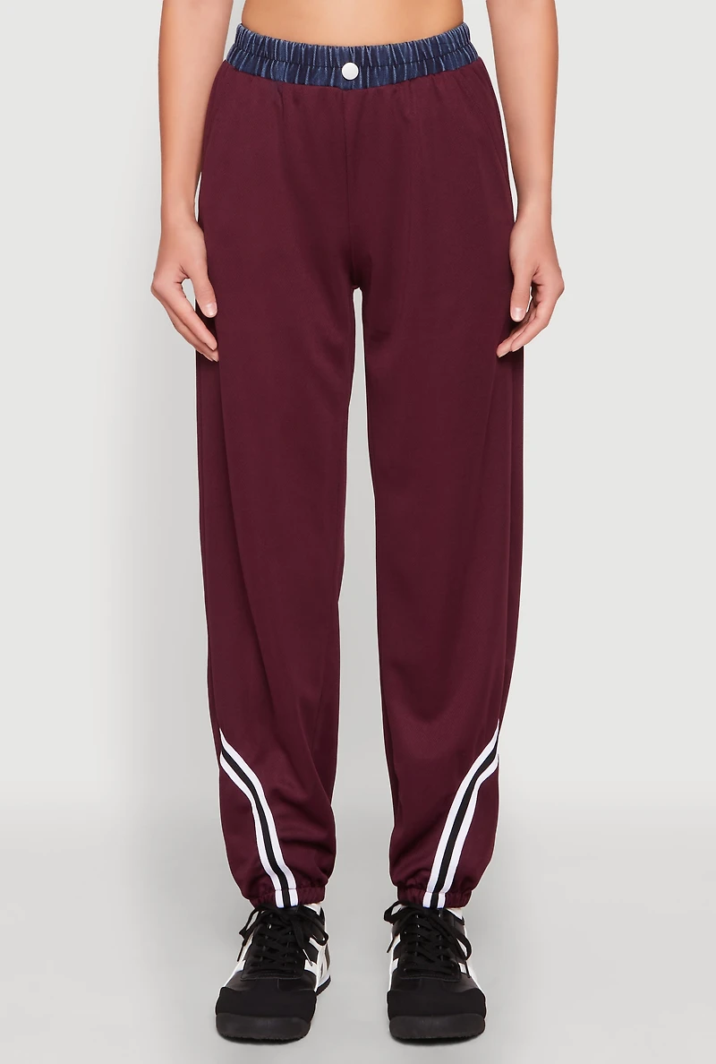 Womens Contrast Trim High Waisted Joggers, Burgundy, Size M