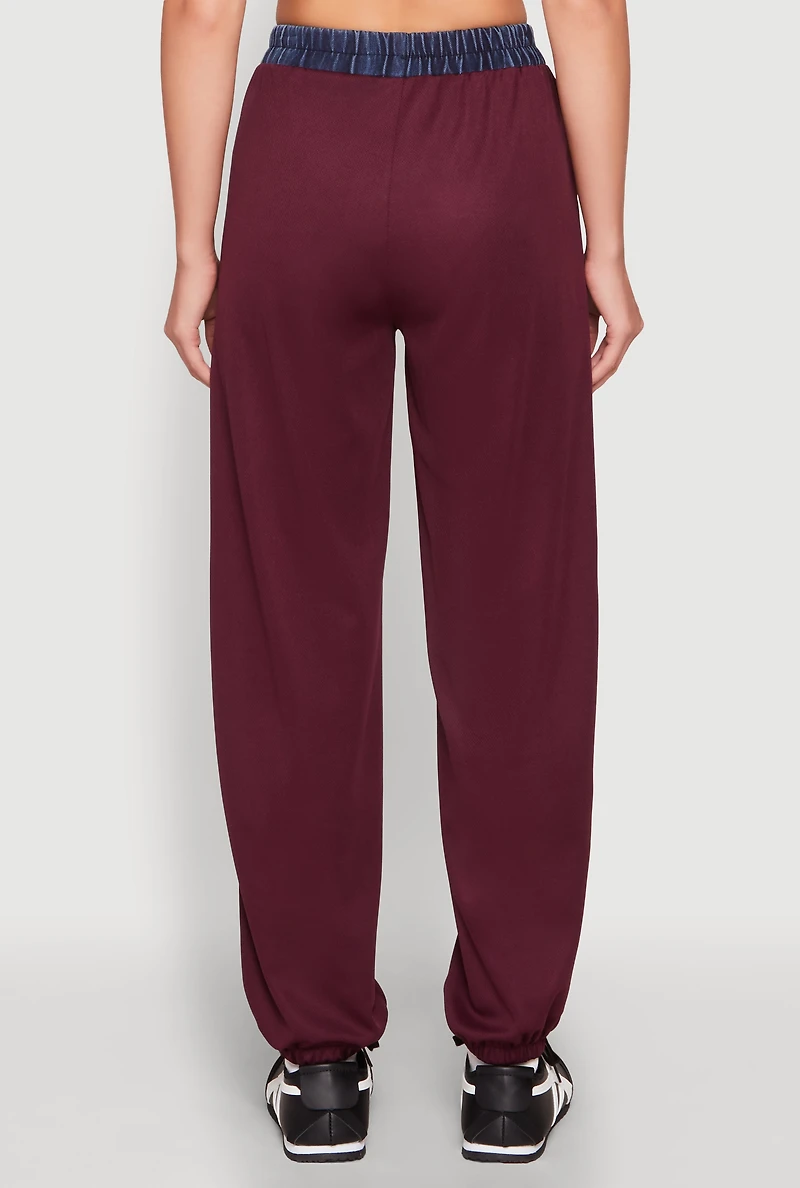 Womens Contrast Trim High Waisted Joggers, Burgundy, Size M