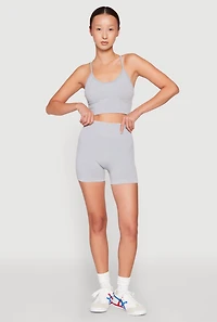 Womens Seamless Ribbed Knit Sports Bra, Grey,