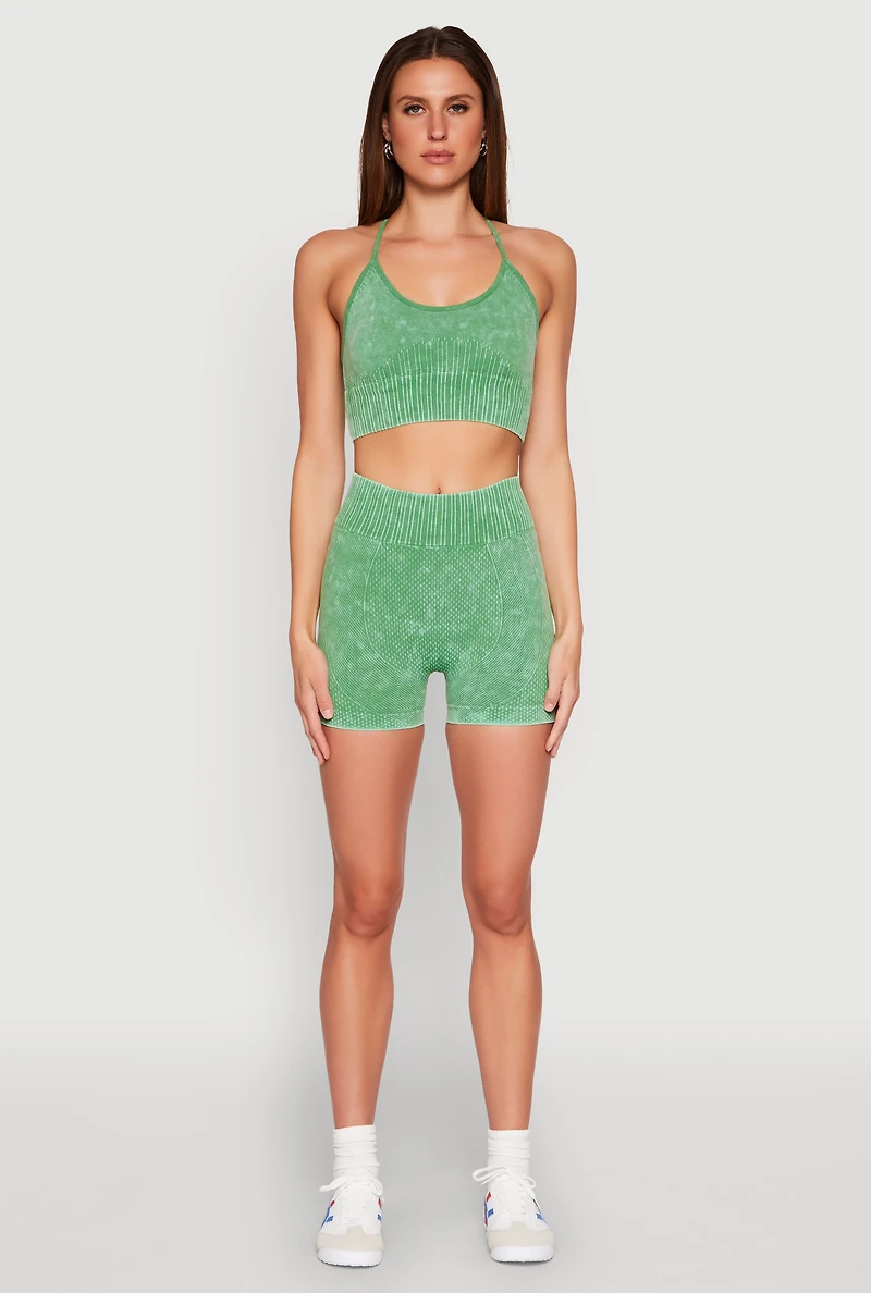 Womens Seamless Ribbed Knit Sports Bra, Green, Size M