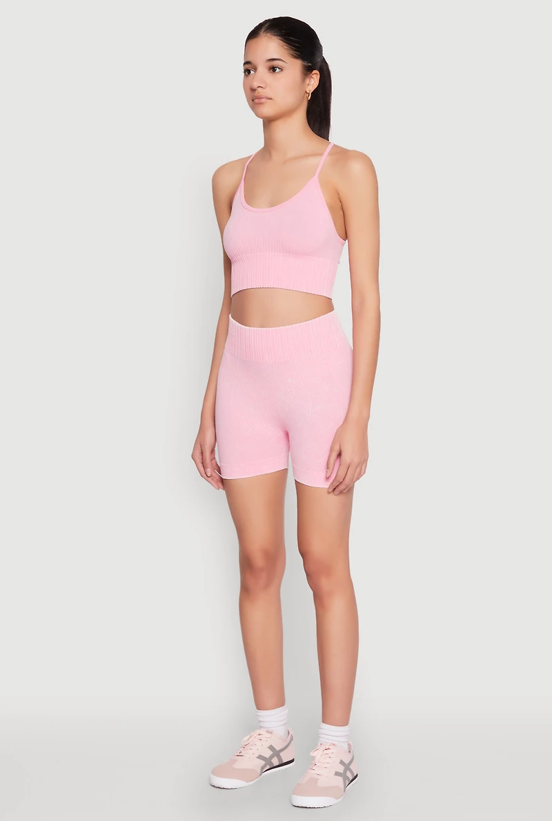 Womens Seamless Ribbed Knit Sports Bra, Pink, Size M