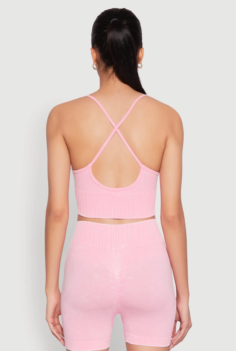 Womens Seamless Ribbed Knit Sports Bra, Pink, Size M