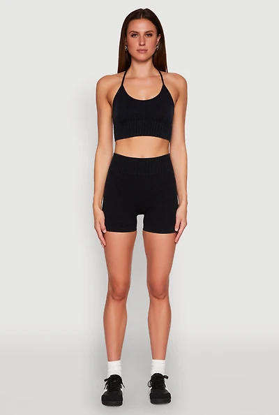 Womens Ruched Seamless Ribbed Knit Biker Shorts,