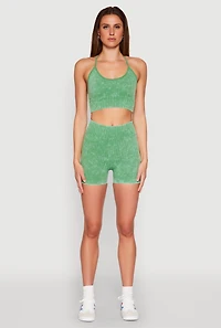 Womens Ruched Seamless Ribbed Knit Biker Shorts, Green, Size XL