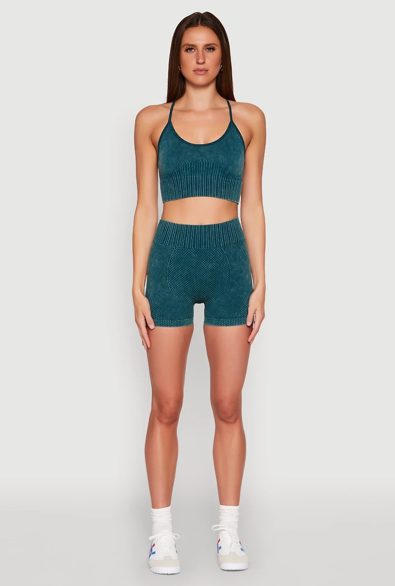 Womens Ruched Seamless Ribbed Knit Biker Shorts, Green, Size L
