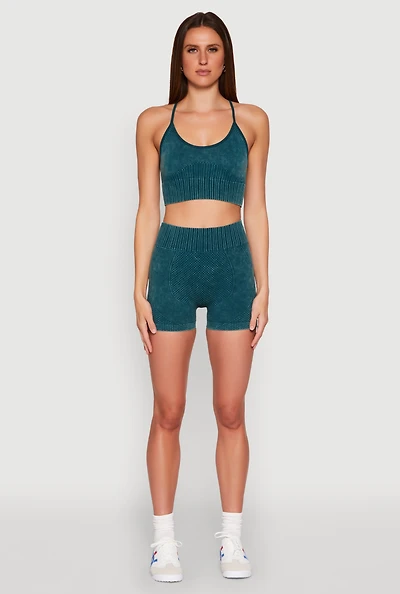 Womens Ruched Seamless Ribbed Knit Biker Shorts, Green, Size L
