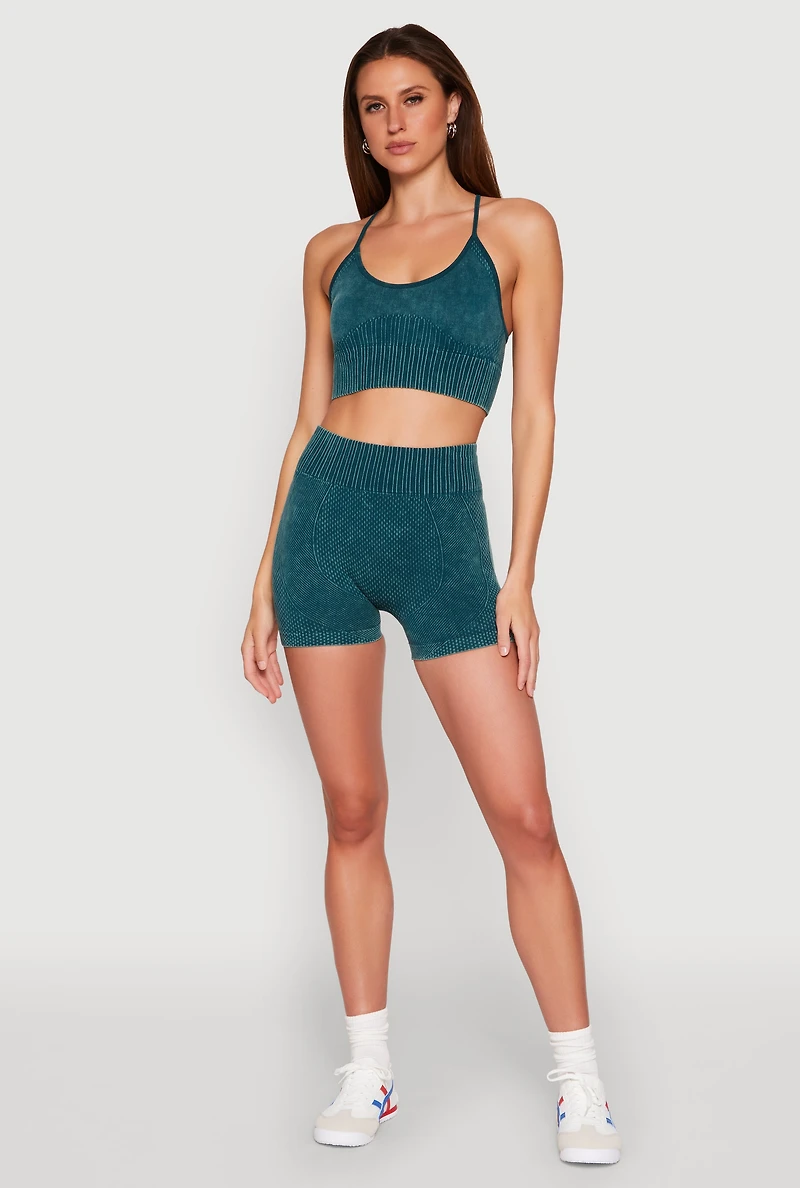 Womens Ruched Seamless Ribbed Knit Biker Shorts, Green, Size L