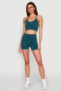 Womens Ruched Seamless Ribbed Knit Biker Shorts, Green, Size L