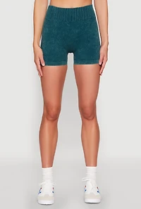 Womens Ruched Seamless Ribbed Knit Biker Shorts, Green, Size L