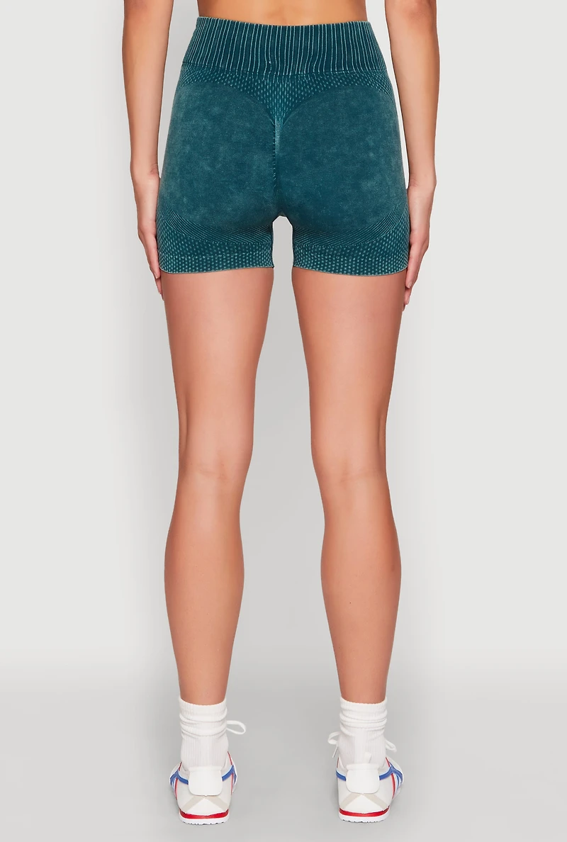 Womens Ruched Seamless Ribbed Knit Biker Shorts, Green, Size L