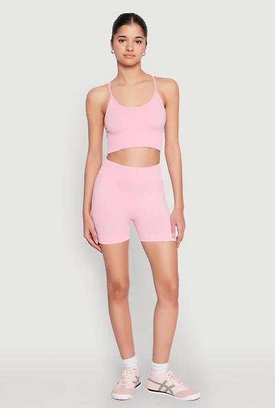 Womens Ruched Seamless Ribbed Knit Biker Shorts, Pink, Size XL
