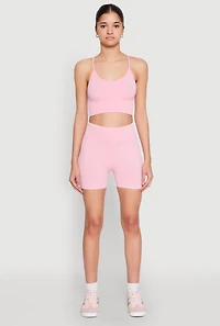 Womens Ruched Seamless Ribbed Knit Biker Shorts, Pink, Size XL