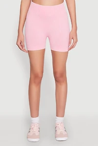 Womens Ruched Seamless Ribbed Knit Biker Shorts, Pink, Size XL