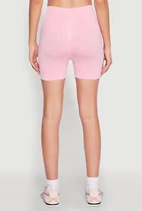 Womens Ruched Seamless Ribbed Knit Biker Shorts, Pink, Size XL