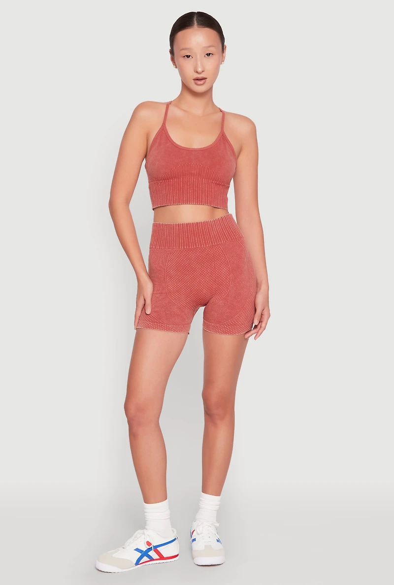 Womens Ruched Seamless Ribbed Knit Biker Shorts, Brown, Size M