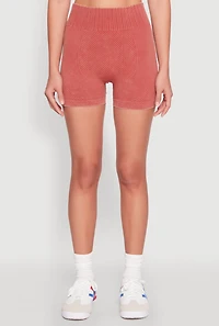 Womens Ruched Seamless Ribbed Knit Biker Shorts, Brown, Size M
