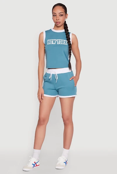 Womens Contrast Trim Drawstring Shorts, Blue, Size M