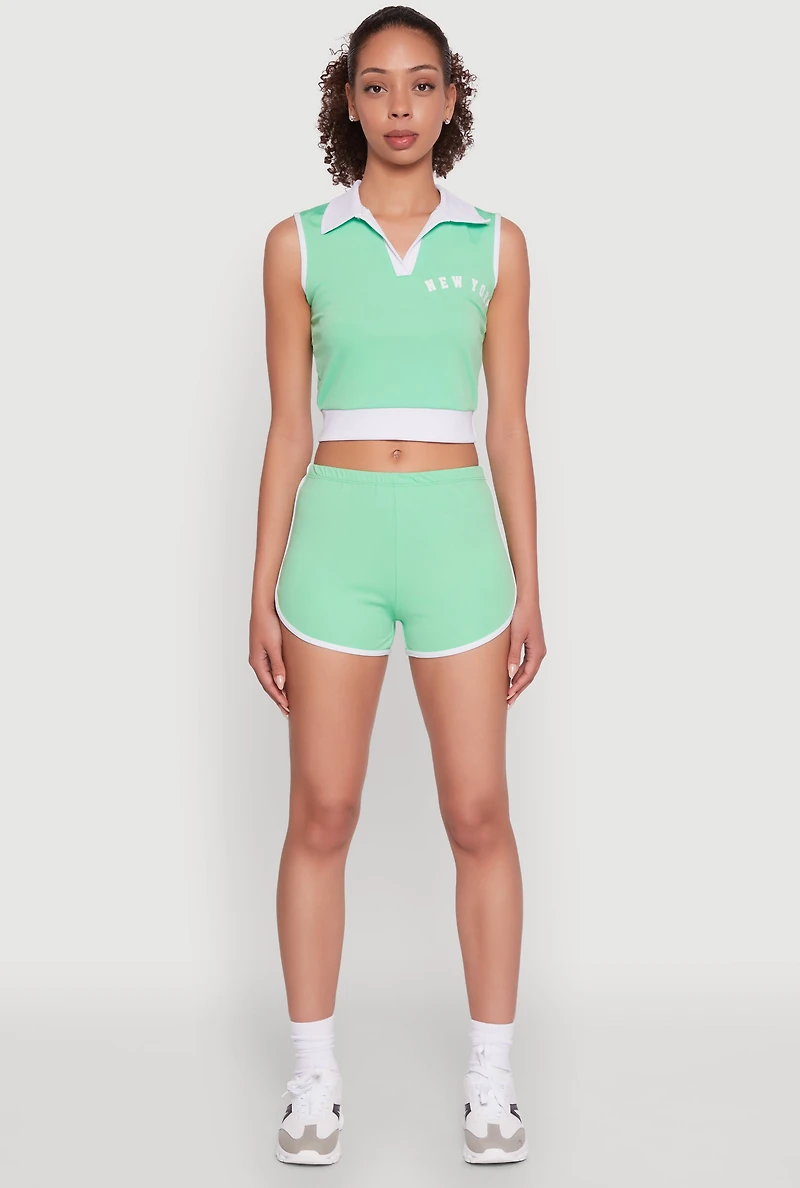 Womens Stylish Contrast Trim Cropped Polo Top, Green,