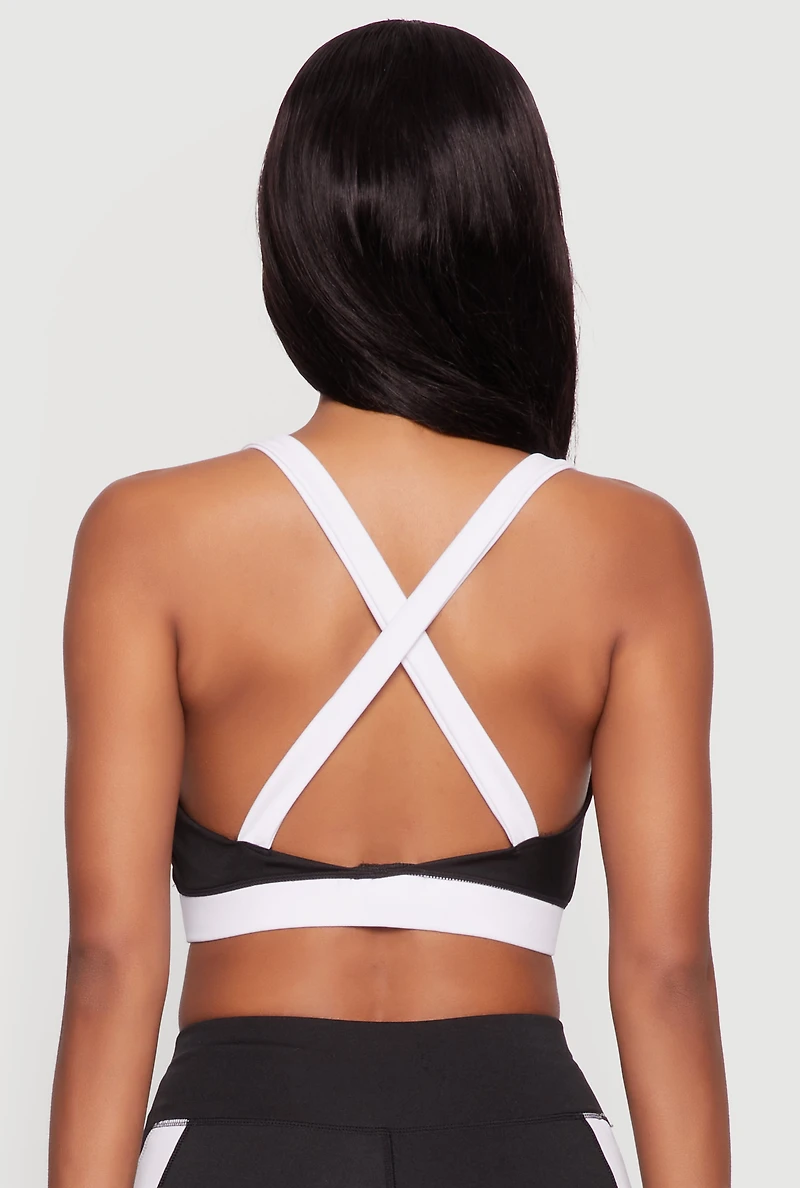 Womens Contrast Trim Cross Back Sports Bra, Black, Size L