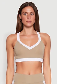 Womens Contrast Trim Cross Back Sports Bra, Beige, Size XL